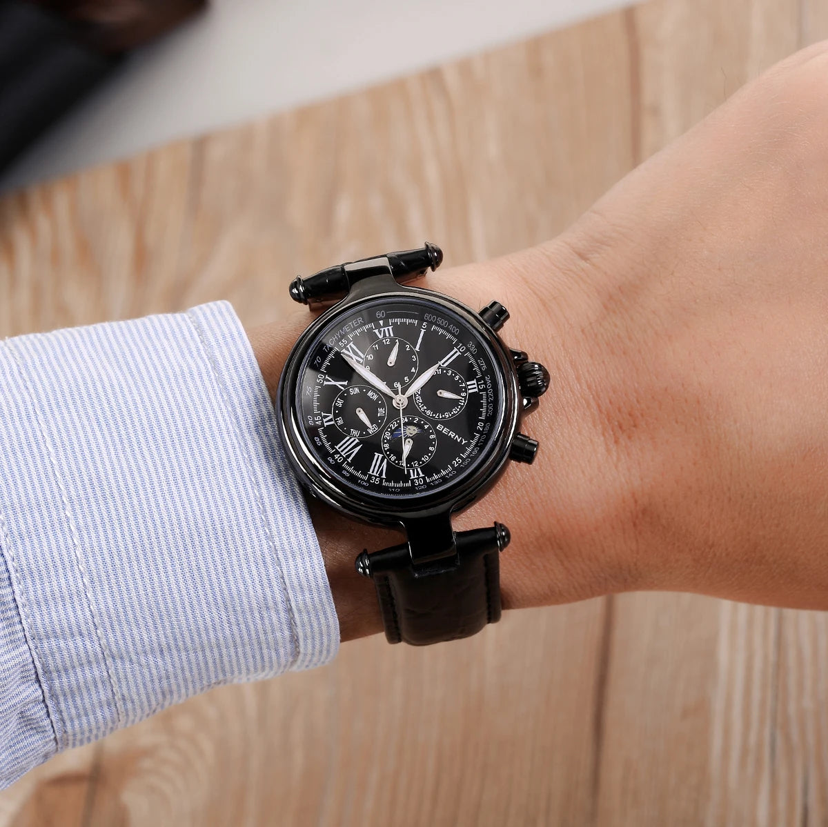 BERNY Retro-Automatikuhr für Herren mit Sonnen- und Mondphasenanzeige, luxuriöse mechanische Armbanduhr, leuchtende Möwe ST1652, klassische Herrenuhr