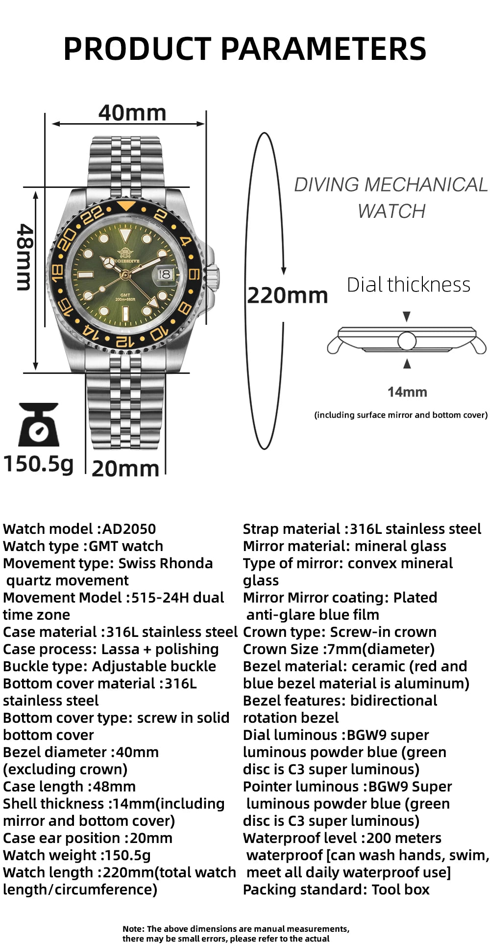 ADDIESDIVE AD2050 Men GMT Watch Swiss Ronda 515-24 BGW9 Super Luminous 20Bar Waterproof reloj 316L Stainless Steel Quartz Watch