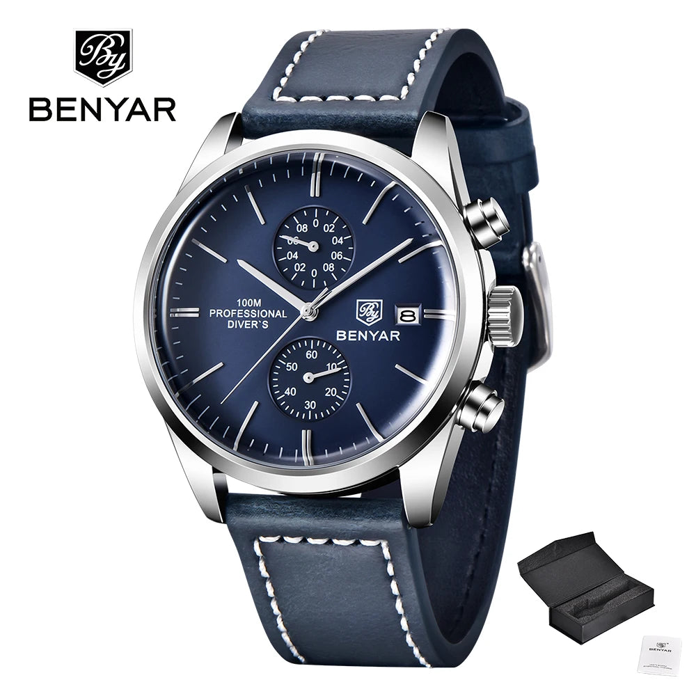 BENYAR Men Quartz Wristwatches Luxury Brand Chronograph Leather Sports Watch For Men Military 100M Waterproof Reloj Hombre 2023