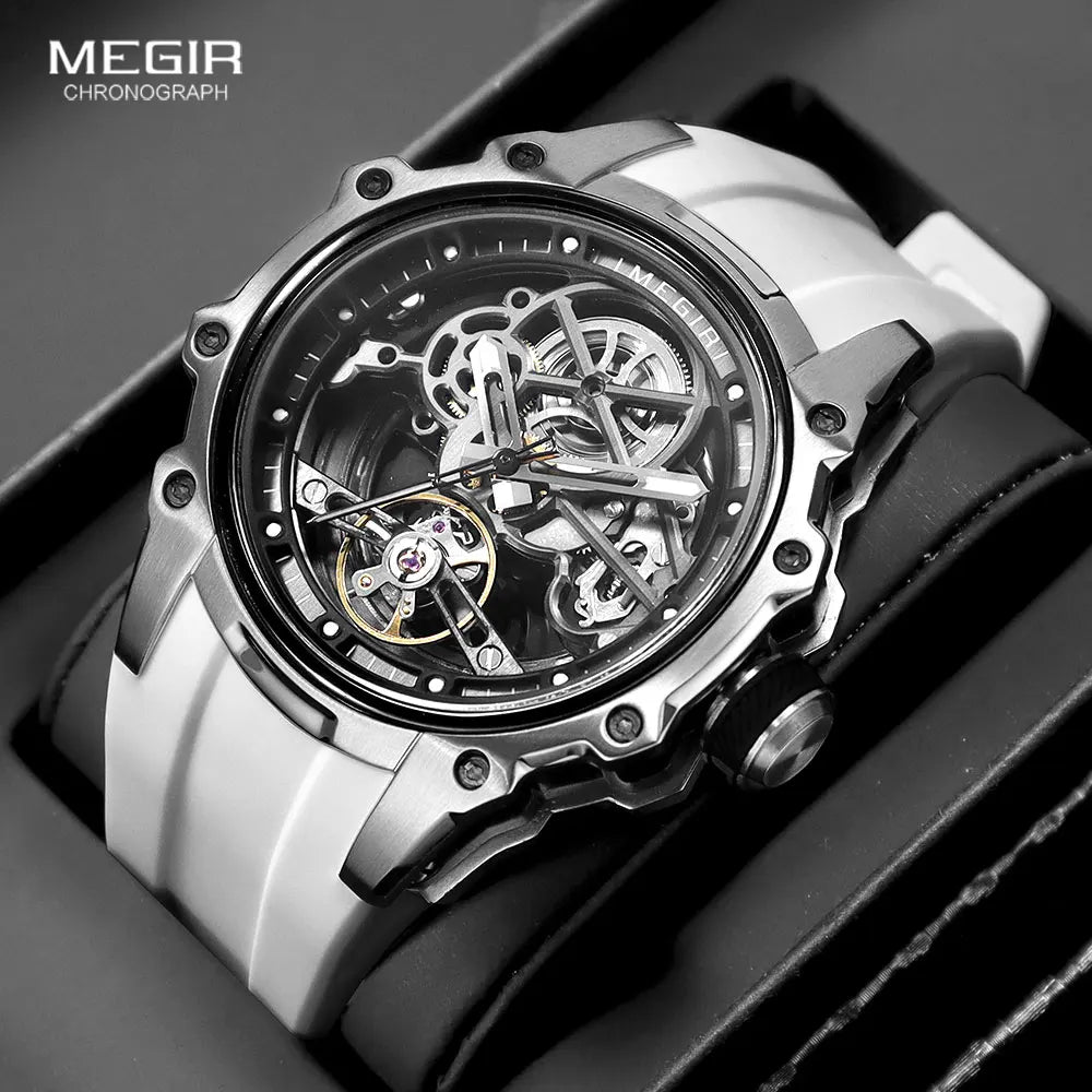 MEGIR Skeleton Dial Automatic Mechanical Watch Men Stainless Steel Case Waterproof Luminous Sport Wristwatch with Silicone Strap