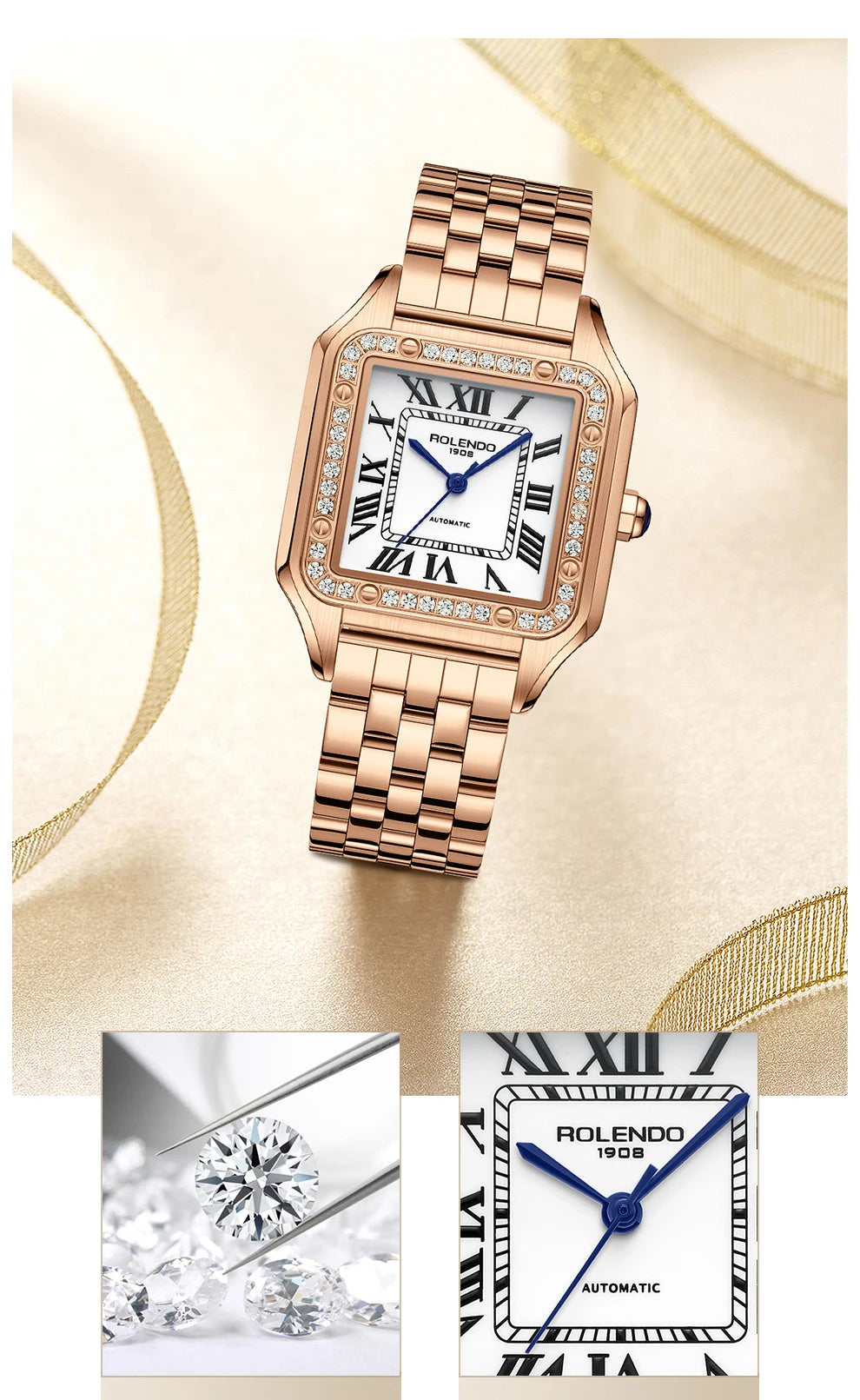 ROLENDO Luxury Gold Square Watch for Santos 33mm Diamond-Set Sapphire Crystal Roman Scale 5ATM Women's Automatic Wristwatch Gift
