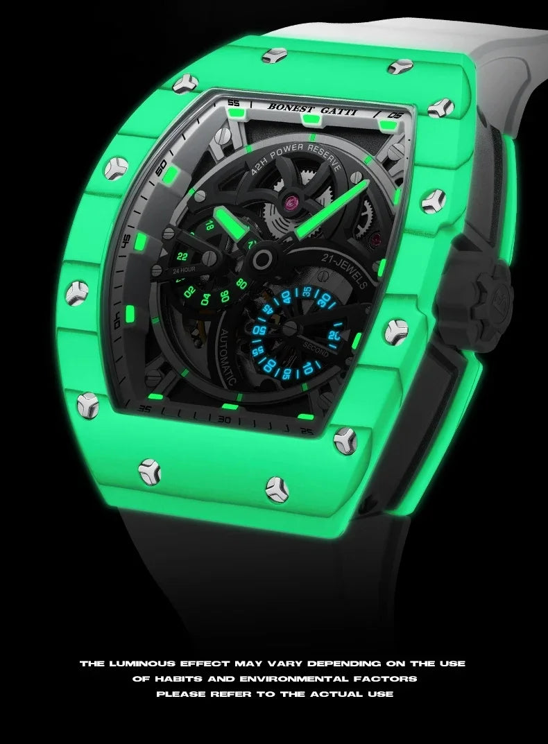 BONEST GATTI Men Automatic Movement Mechanical Watch Carbon Fiber Bezel Tonneau Luminous Case Fluororubber Strap Watches For Men