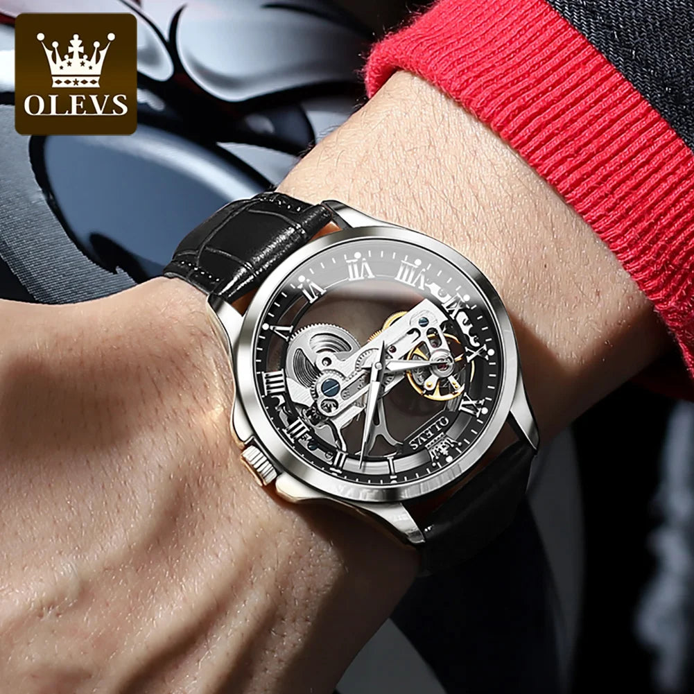 OLEVS Trend Fashion Men's Watches Casual Leather Strap Hollow Out Self-winding Movement Original Automatic Mechanical Wristwatch
