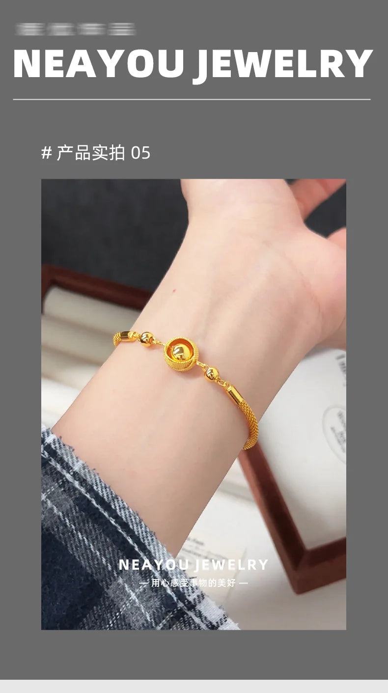 Women's Bird's Nest Lucky Bead Bracelet, 24K Gold, AU999 | "Stability" engraving with branch motifs, subtle professional charm.