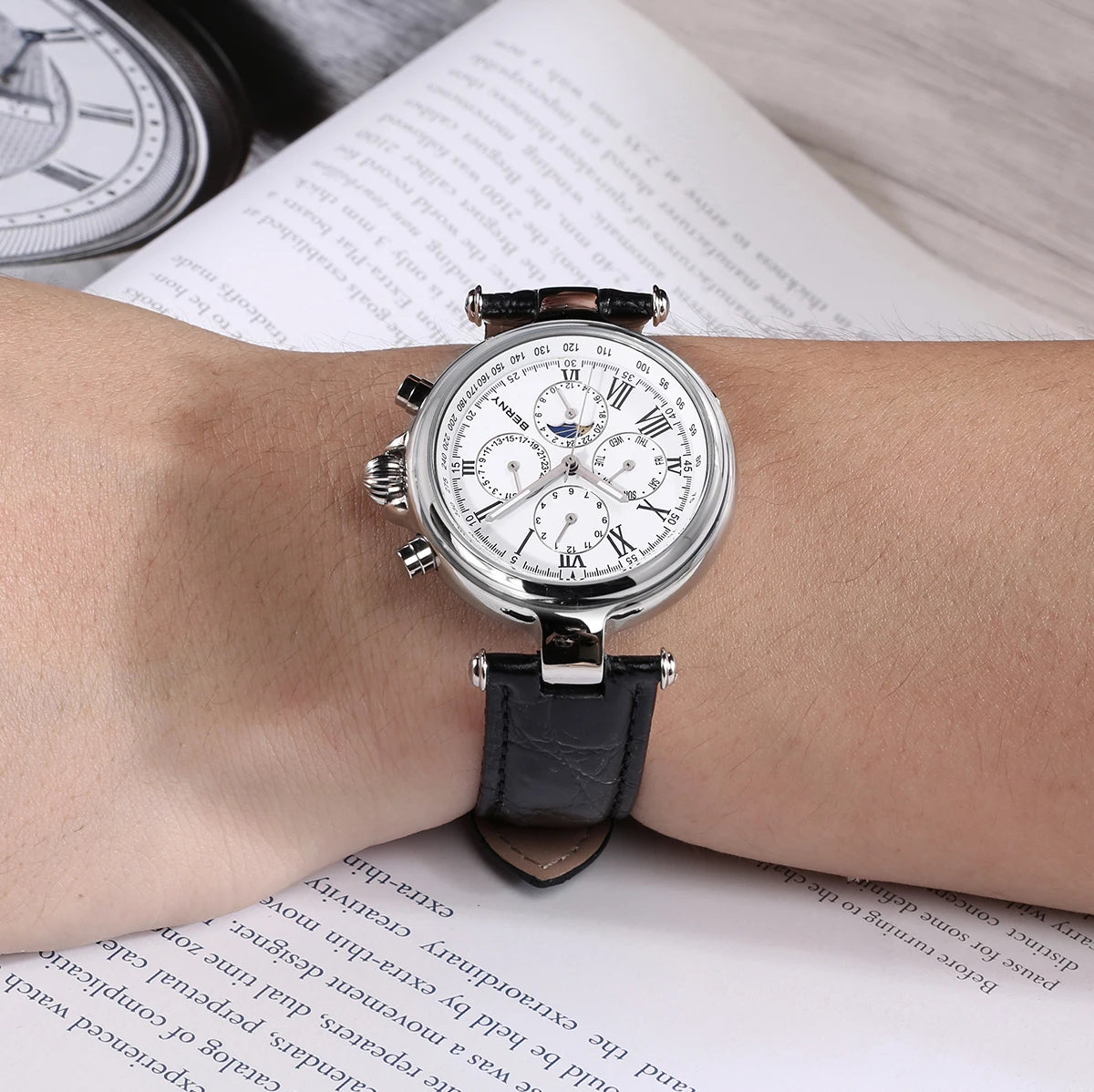 BERNY Retro-Automatikuhr für Herren mit Sonnen- und Mondphasenanzeige, luxuriöse mechanische Armbanduhr, leuchtende Möwe ST1652, klassische Herrenuhr