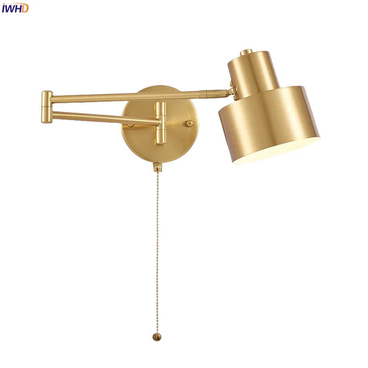 IWHD Golden Iron Art LED Wall Lights For Bedroom Kitchen Living Room Loft Mirror Bedside Lamp Swing Long Arm Lampade Da Parete
