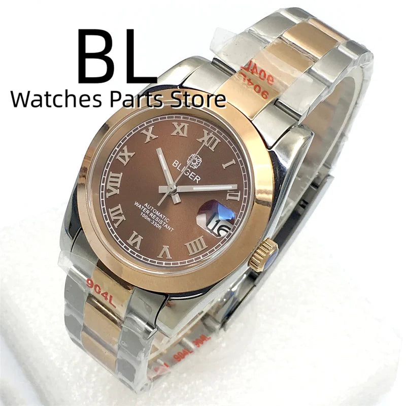 BLIGER Luxury Brown Dial Diamond Time Marks Watches For Men 36mm39mm Two Tone Rose Gold NH35 Movement Sapphire Glass Waterproof