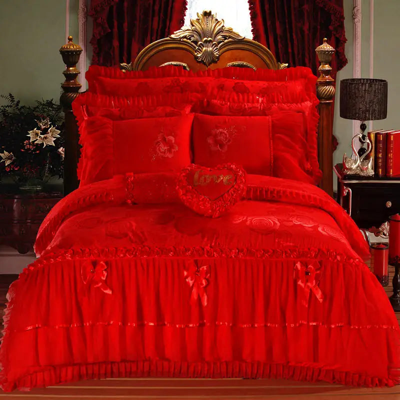 Red Jacquard Satin Cotton Bedding Set Luxury Heart-shaped Lace Princess Wedding Duvet Cover Bed Sheet Bedspread Pillowcases