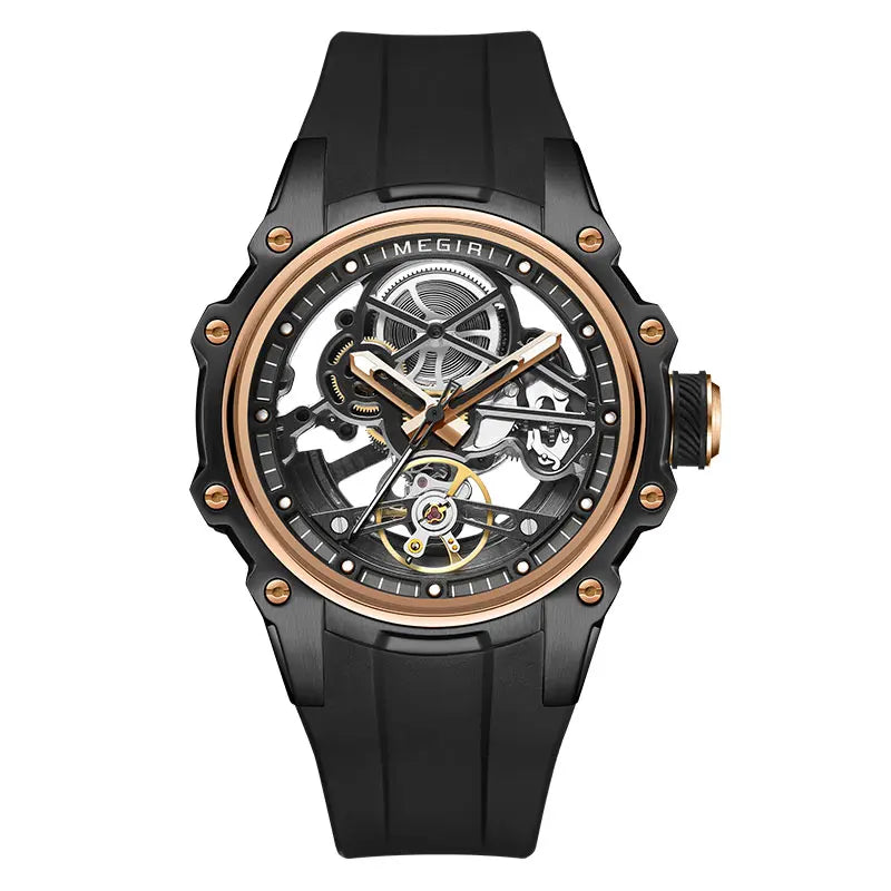 MEGIR Skeleton Dial Automatic Mechanical Watch Men Stainless Steel Case Waterproof Luminous Sport Wristwatch with Silicone Strap