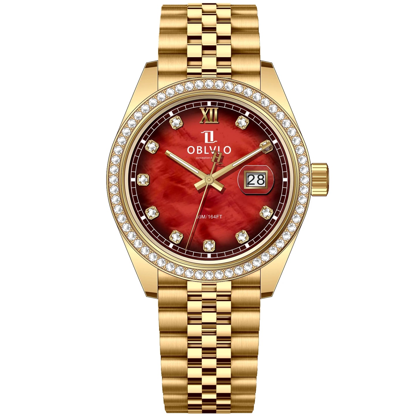 OBLVLO Men's Elegant Diamonds Bezel Two Tone Bracelet Quartz Watch with Date Fashion MOP Dial Business Watches for Men RX-PE-D