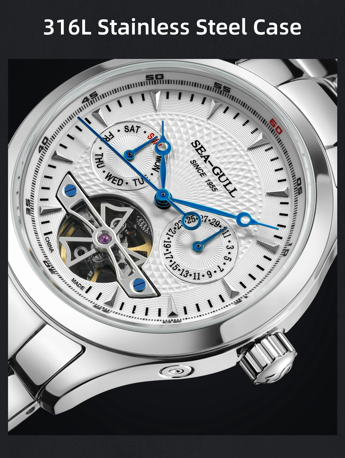 2025 Seagull Men's Automatic Mechanical Watch Multifunction Dial Calendar Sapphire Steel Band Men's Wristwatch reloj hombre M162