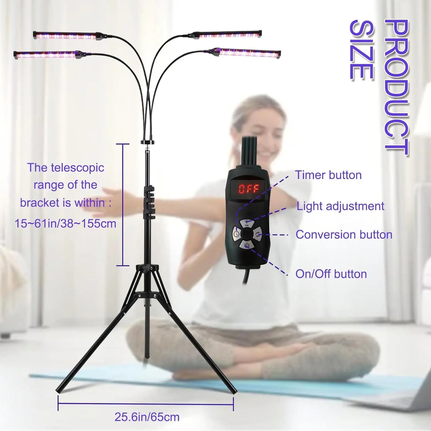 60W Tanning Lamp 4-Head UV Tanning Machine 432 LEDS Blue Light Wavelength 460nm & 490nm 360° Rotation Solarium Tanning Light