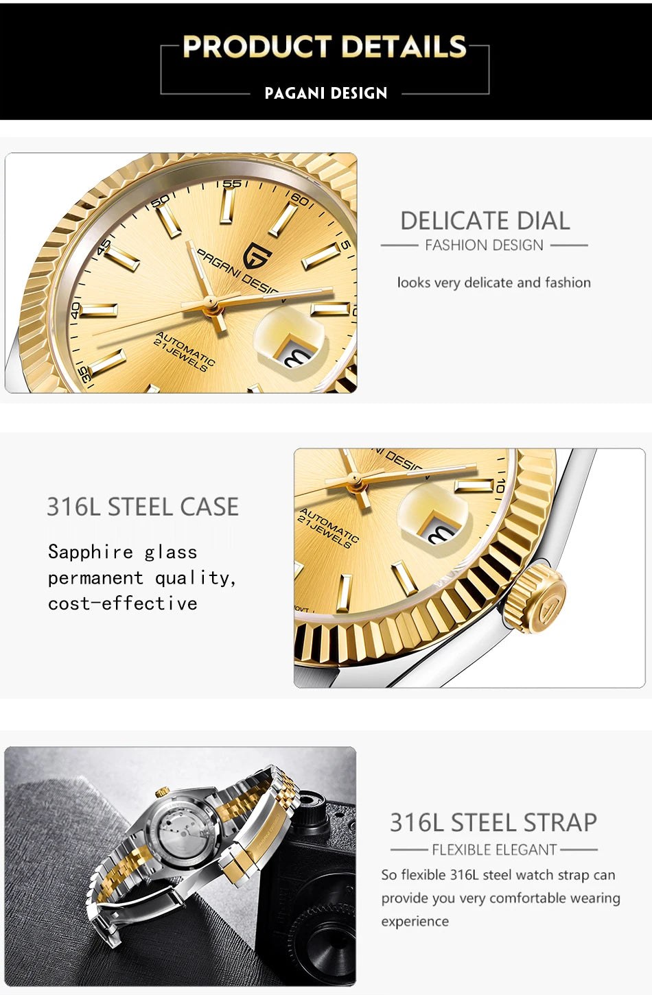 PAGANI DESIGN Neue V2 Herren-Mechanikuhr – Luxus-Uhr der Topmarke – Vollautomatisch – Wasserdicht bis 100 m – Edelstahl