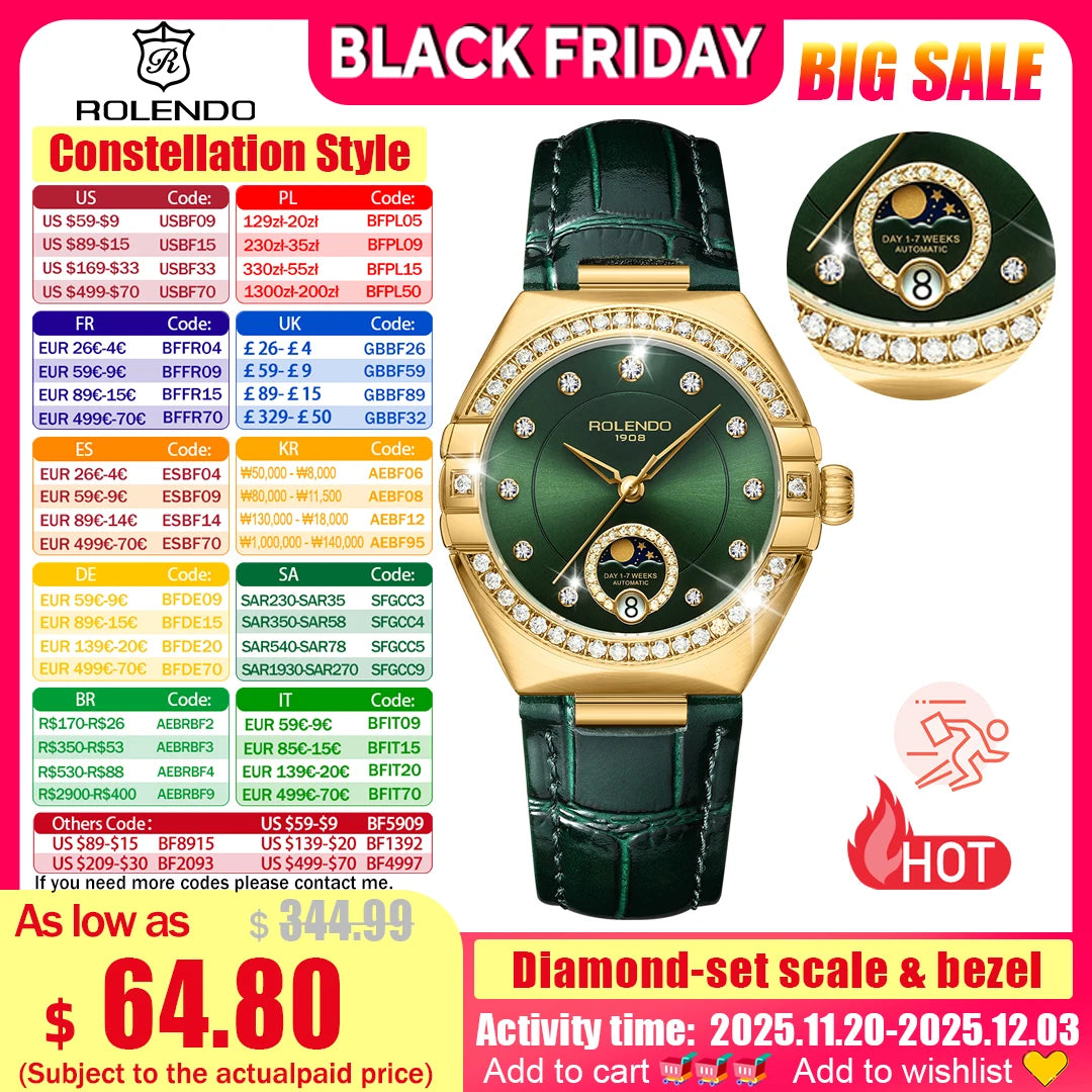 ROLENDO Constellation Style Automatic Women's Watch Secret Emerald Strap Green Dial Day-Date Sapphire Crystal Waterproof Elegant