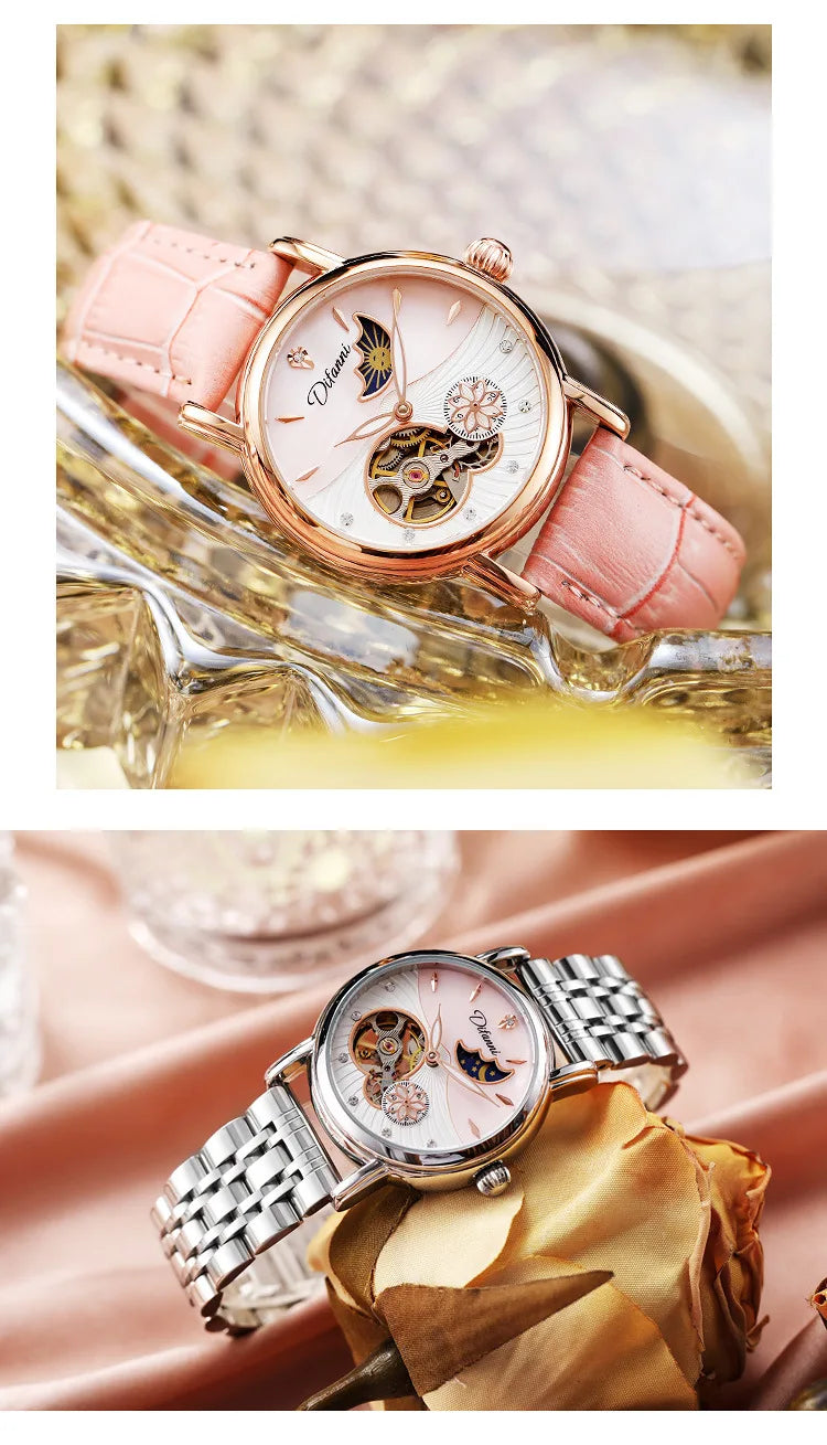 Lady Automatic Mechanical Watches Rotatable Flowers Female Watch Women Brand Luxury Fashion Moon Phase Waterproof Luminous Clock