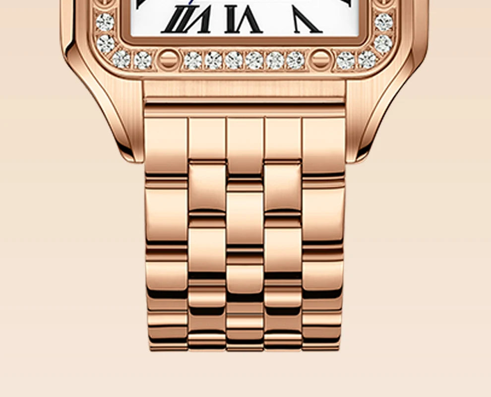 ROLENDO Luxury Gold Square Watch for Santos 33mm Diamond-Set Sapphire Crystal Roman Scale 5ATM Women's Automatic Wristwatch Gift