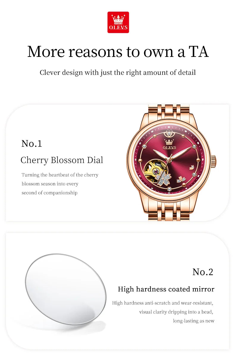 OLEVS Original Rhinestone Flower Design Watch Women's Luxury Rose Gold Watch Wine Red Automatic Mechanical Watch Birthday Gift