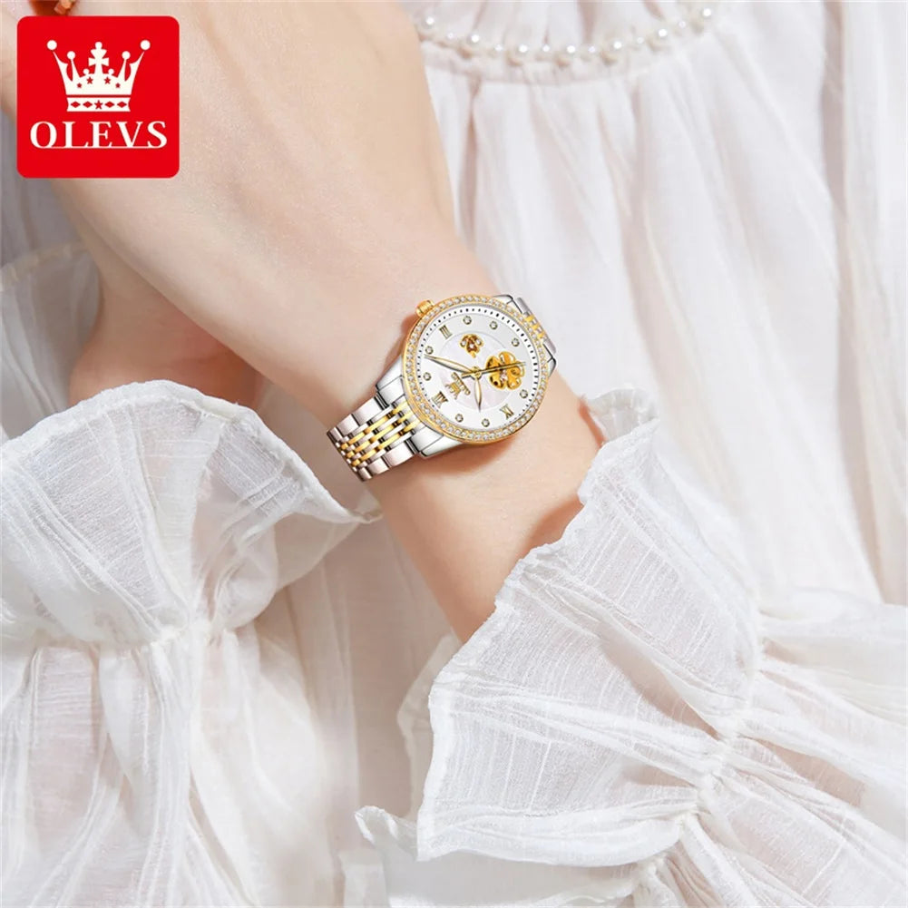 OLEVS 6706 Elegante Damenuhr mit Diamanten, wasserdicht, mit Nachtlicht, Automatikwerk, mechanisches Uhrwerk, Geschenkset
