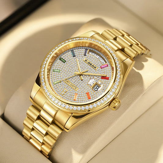 X-GEAR Men Luxury Watches Full diamond dial Diamond bezel Mechanical Watch Luminous Date Week Display Stainless Steel Case Strap