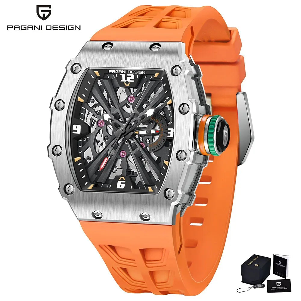 2024 New PAGANI DESIGN Men's Quartz Watches VH65 Movt Skeleton Dial 100M Waterproof Sport Rectangle Sapphire Glass Watch for Men