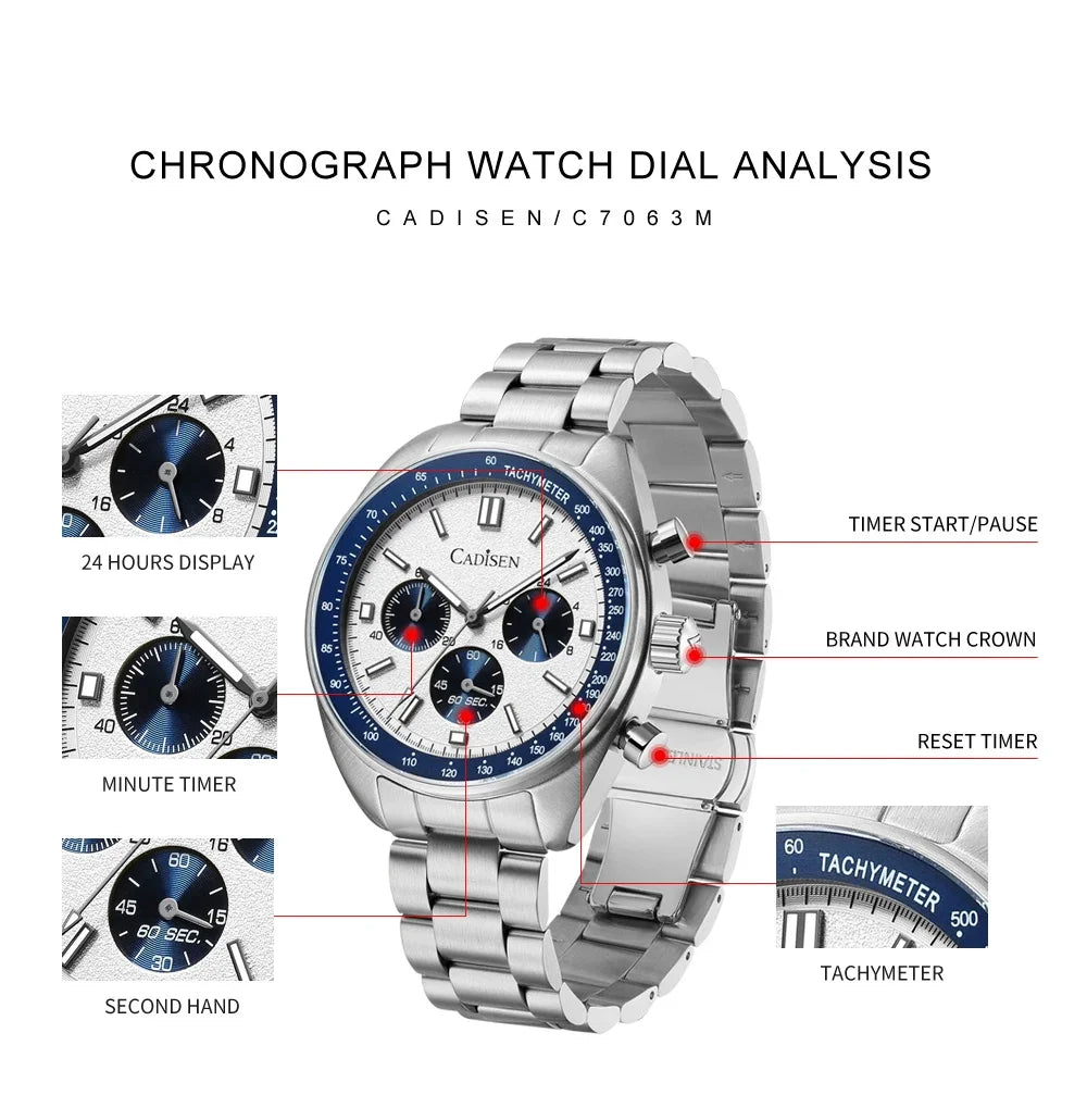 CADISEN Men's Sport Chronograph Watch Japan VD53 Movt Quartz Watches Sapphire Glass Stainless Steel Wristwatch For Men