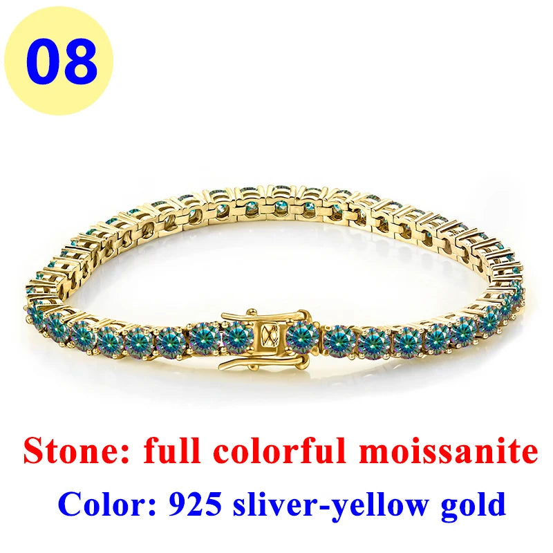 3MM Pink Full Moissanite Tennis HipHop Blue Green Yellow Purple Bracelet S925 Sliver Plated White Gold Bracelet for Women Men