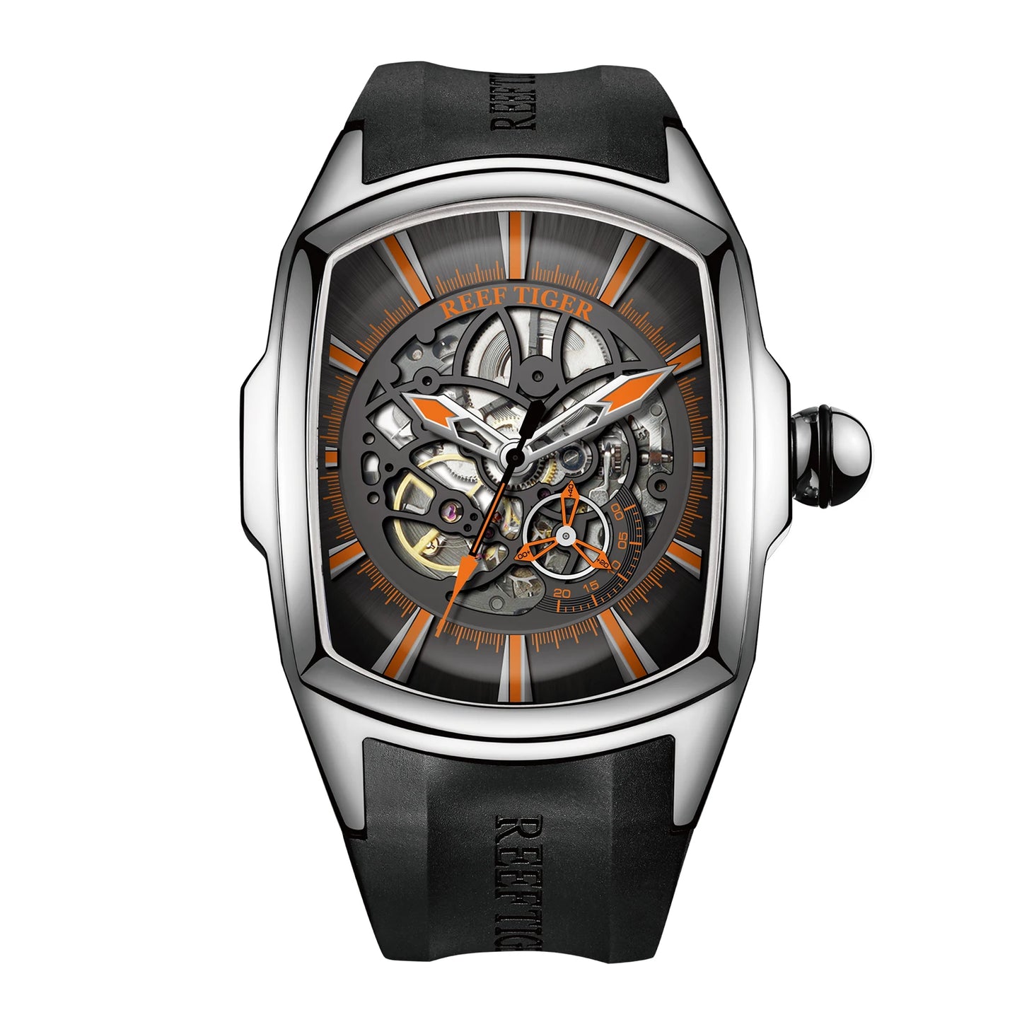 Reef Tiger Men's 316L Stainless Steel Skeleton Automatic Watch Wine Barrel Hollow Waterproof Mechanical Sport Watches RGA3069-S