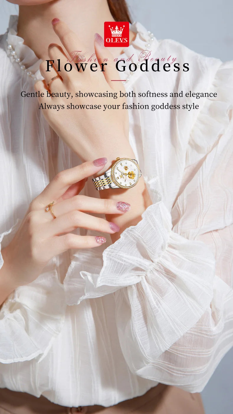 OLEVS 6706 Elegante Damenuhr mit Diamanten, wasserdicht, mit Nachtlicht, Automatikwerk, mechanisches Uhrwerk, Geschenkset