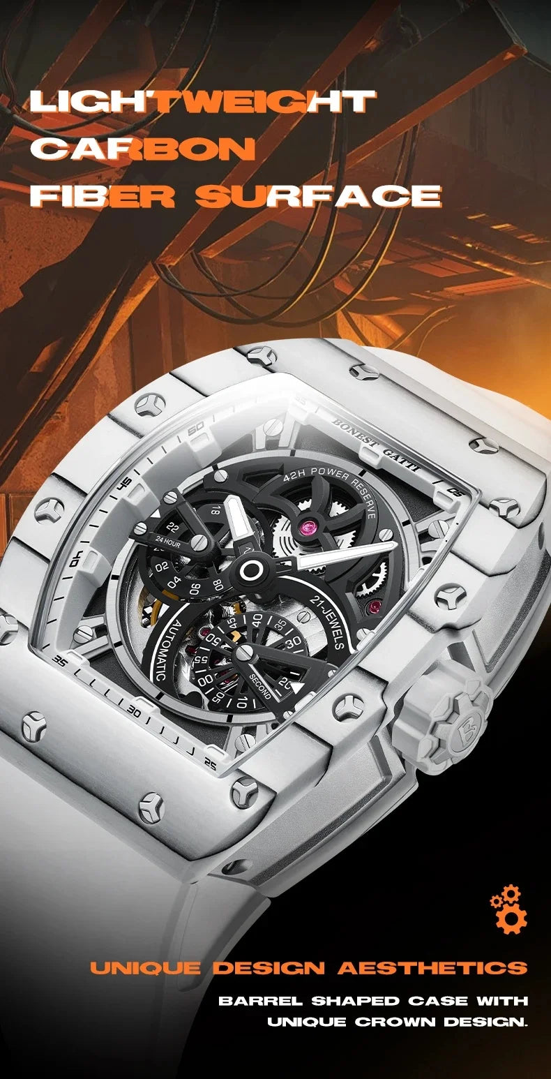 BONEST GATTI Men Automatic Movement Mechanical Watch Carbon Fiber Bezel Tonneau Luminous Case Fluororubber Strap Watches For Men