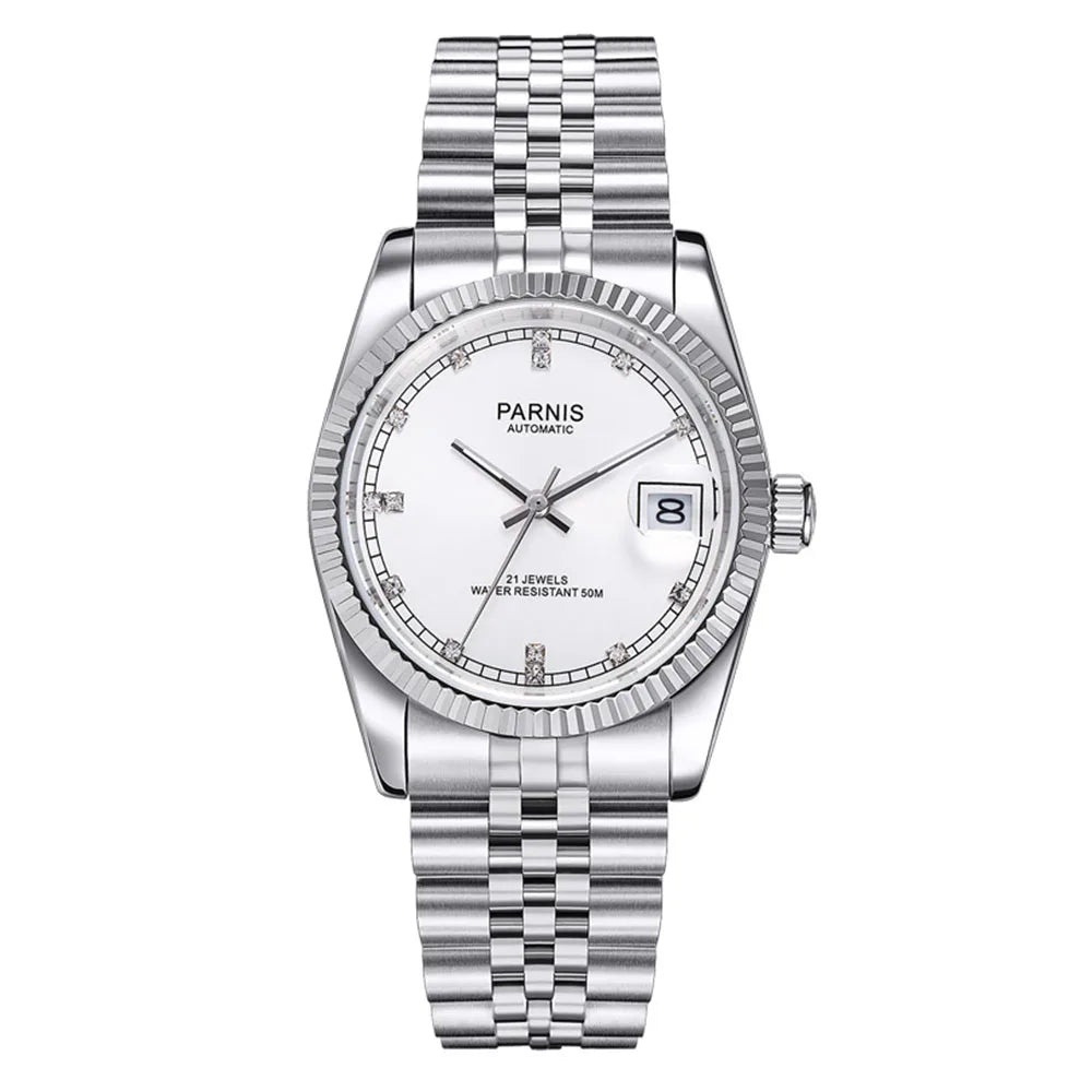 Parnis 36mm Gold Color Luminous Mark Automatic Men's Wristwatch 5 ATM Stainless Steel Jubilee Bracelet