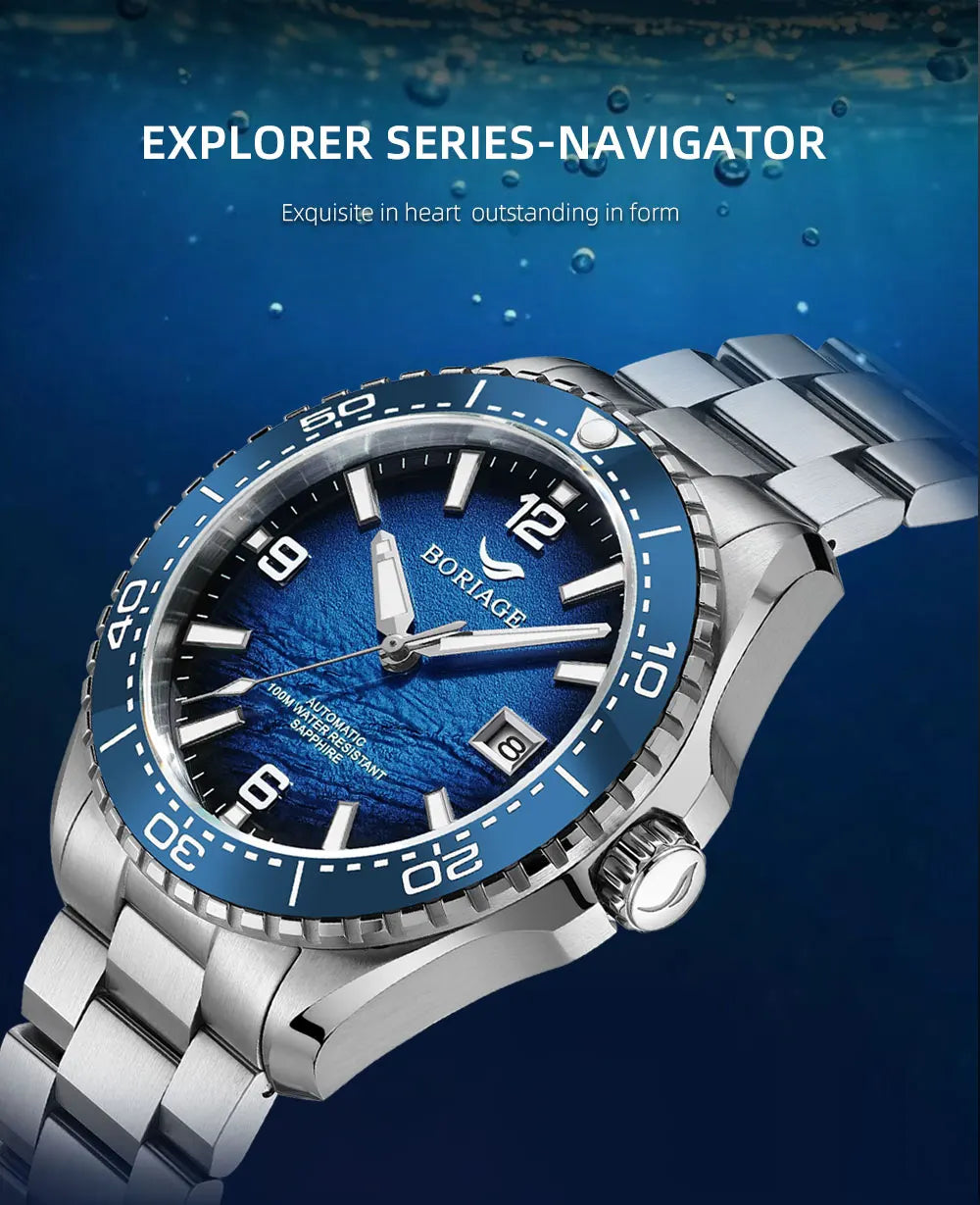 BORIAGE NH35 Automatic Mechanical Watches Luxury Men's Watch Stainless Steel Water resista 100m Dive Watches Luminous Wristwatch