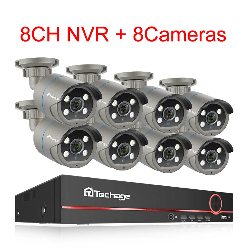 Techage 8CH HD 4MP POE Surveillance Camera CCTV Security System H.265 Face Detect Outdoor Two-way Audio IP Camera P2P Video NVR