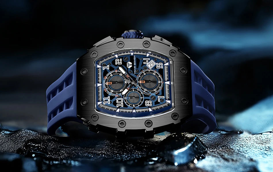 TSAR BOMBA Watch for Men Top Brand Luxury Waterproof Quartz Wristwatch Tonneau Clock Gift Chronograph Rectangle Mens Watch