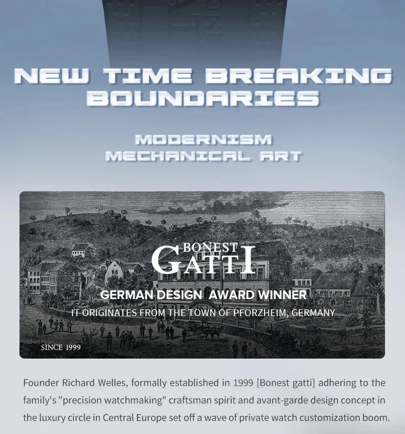 BONEST GATTI 2025 New Men Automatic Watch Tonneau Mechanical Wristwatch Acylic Case Sapphire Lume Hollow Out Dial Fluororubber