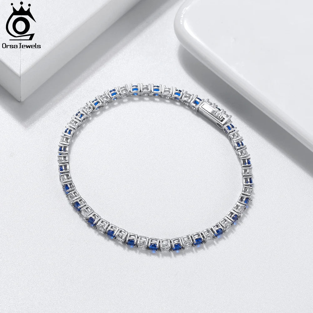 ORSA JEWELS Exquisite 3mm Sapphire Blue Sparkling Tennis Bracelet S925 Sterling Silver Cubic Zirconia Fashion CZ Bracelet SB137