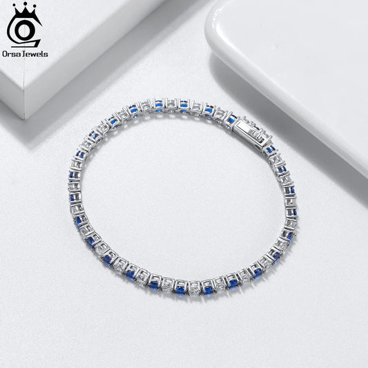 ORSA JEWELS Exquisite 3mm Sapphire Blue Sparkling Tennis Bracelet S925 Sterling Silver Cubic Zirconia Fashion CZ Bracelet SB137
