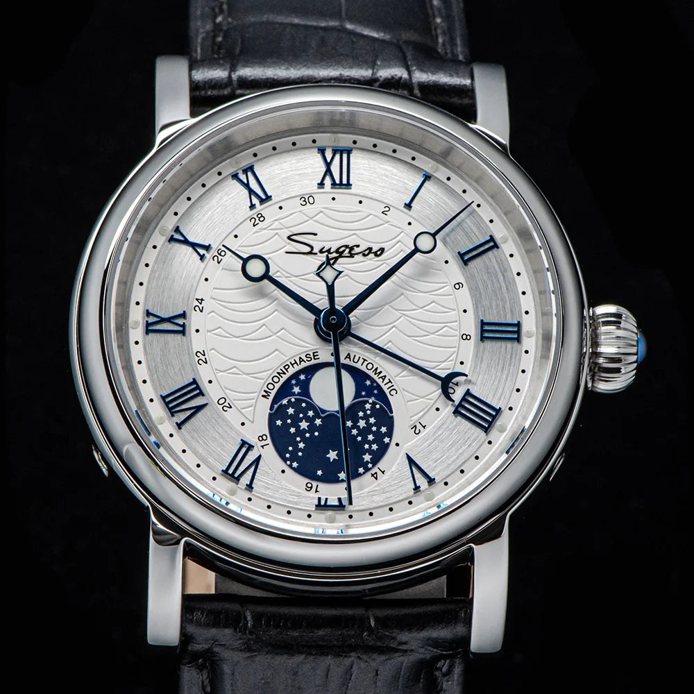 Sugess Watches for Men Automatic Mechanical Watch Moonphase Tianjin ST2108 Waterproof Date Hands Sapphire Crystal Rome Wave Dial