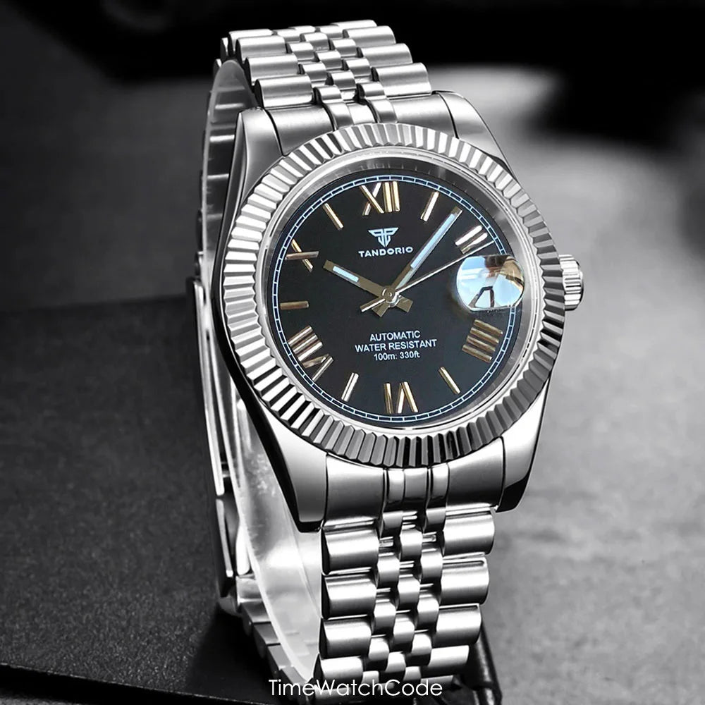 Montre automatique de luxe Tandorio Business pour homme, mouvement NH35A, cadran classique à chiffres romains, lunette cannelée, verre saphir, 36/39 mm
