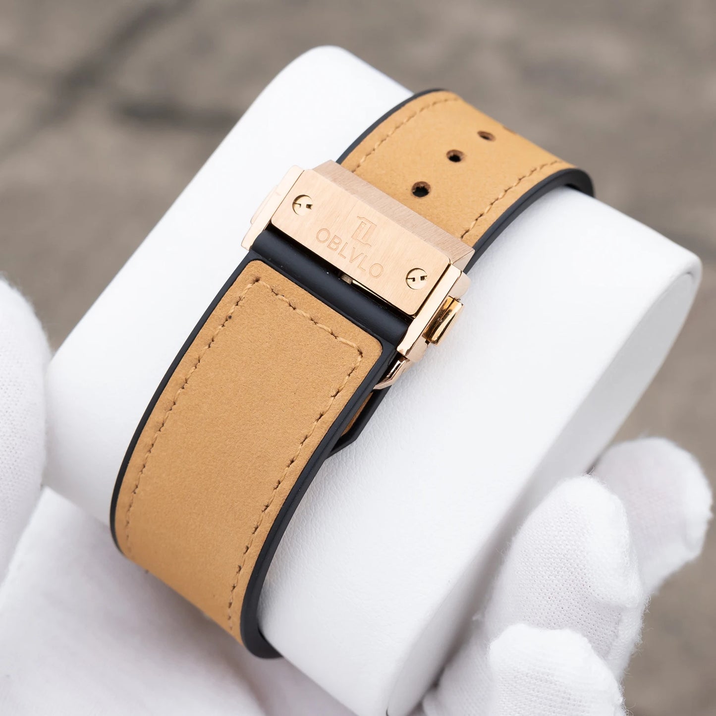 OBLVLO Men's Fashion Rose Gold 44mm Hollow-out Automatic Watch Waterproof Brown Leather Strap Mechanical Clock with Date HM-GT