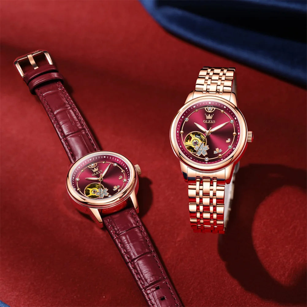 OLEVS Original Rhinestone Flower Design Watch Women's Luxury Rose Gold Watch Wine Red Automatic Mechanical Watch Birthday Gift