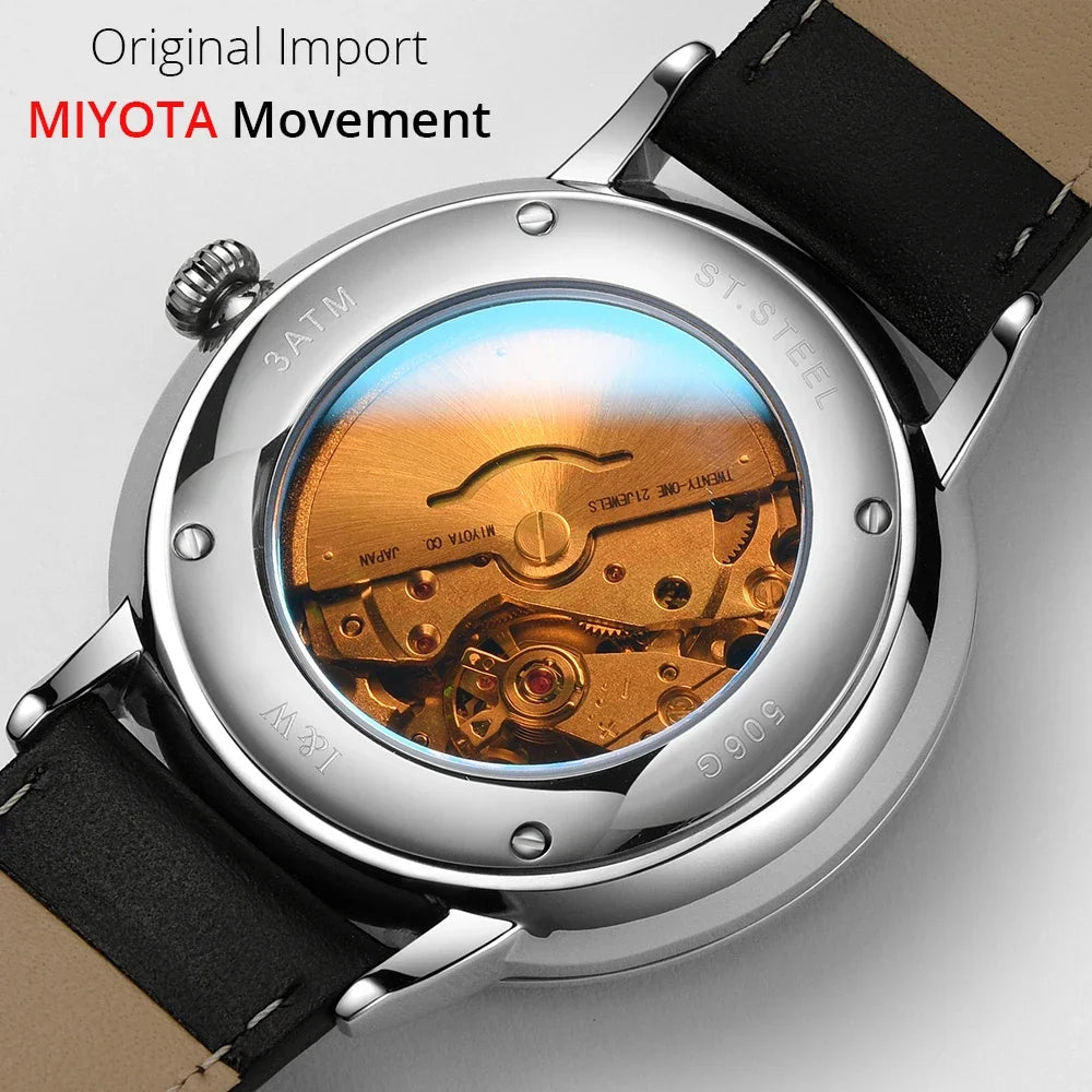 Japan MIYOTA Automatic Watch 3D Curved Sapphire Mechanical Wristwatches Waterproof Leather Strap Double Calendar Watches for Men