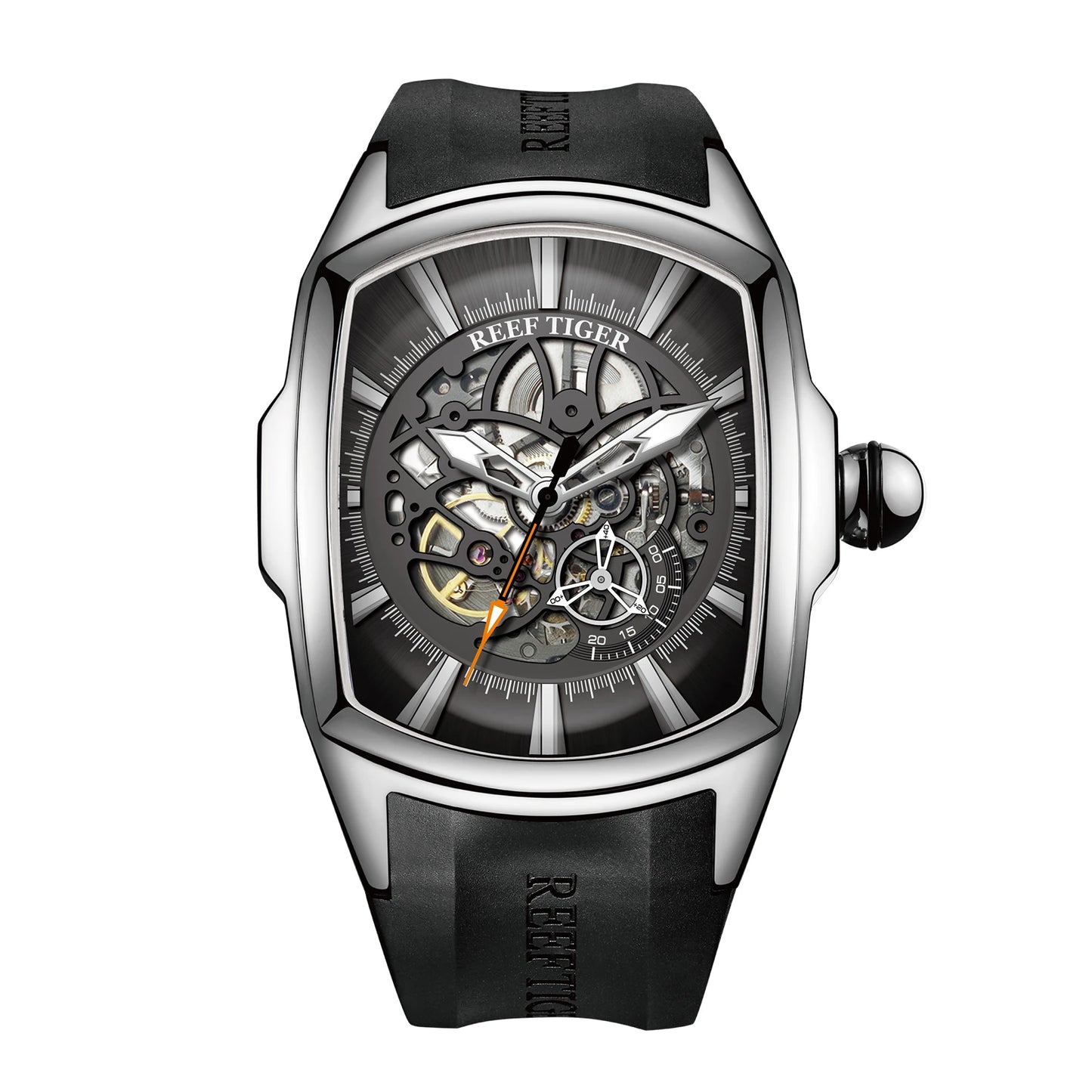 Reef Tiger Men's 316L Stainless Steel Skeleton Automatic Watch Wine Barrel Hollow Waterproof Mechanical Sport Watches RGA3069-S