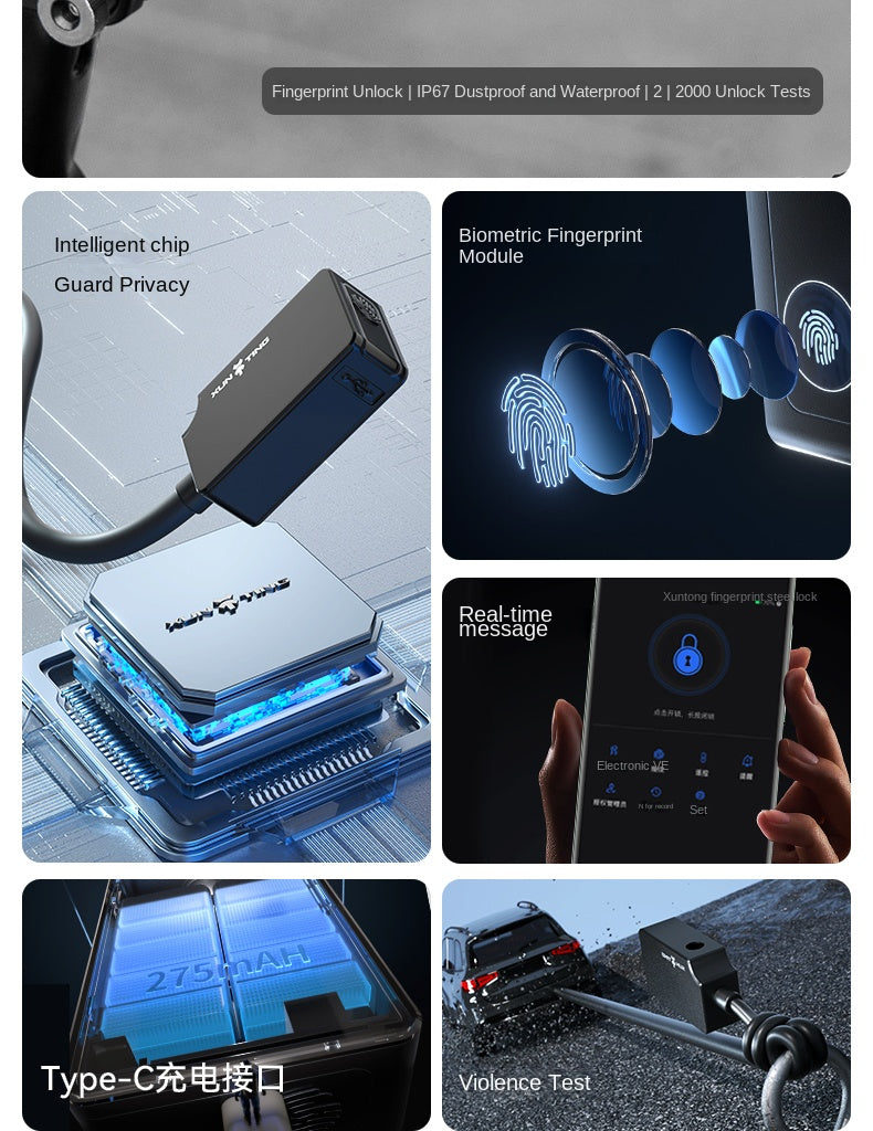 XUNTING Smart Fingerprint Bike Lock, App Control Keyless 10mm Steel Cable Anti-Theft Security for Bicycle Motorcycle E-Bike IP67