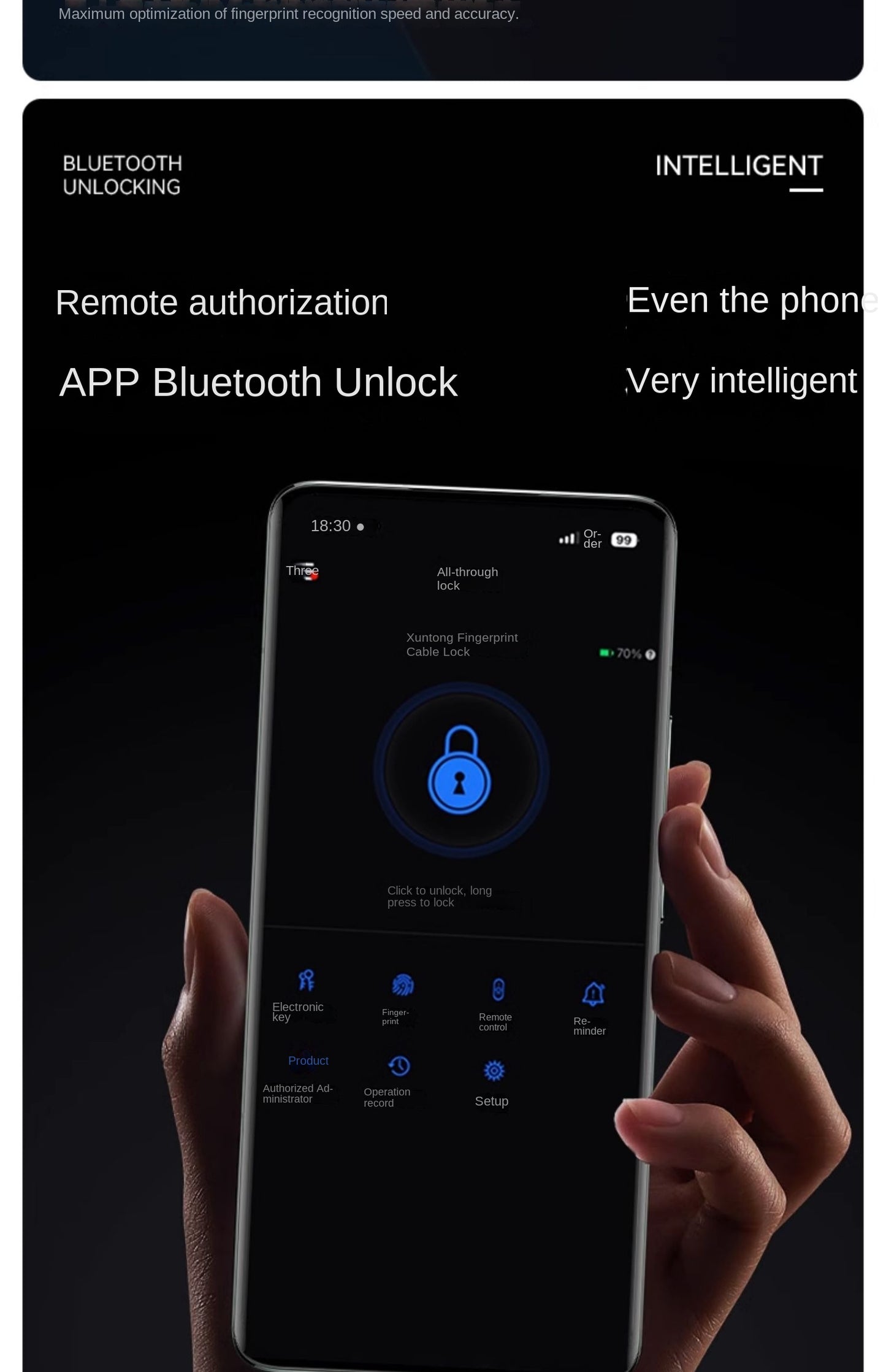 XUNTING Smart Fingerprint Bike Lock, App Control Keyless 10mm Steel Cable Anti-Theft Security for Bicycle Motorcycle E-Bike IP67