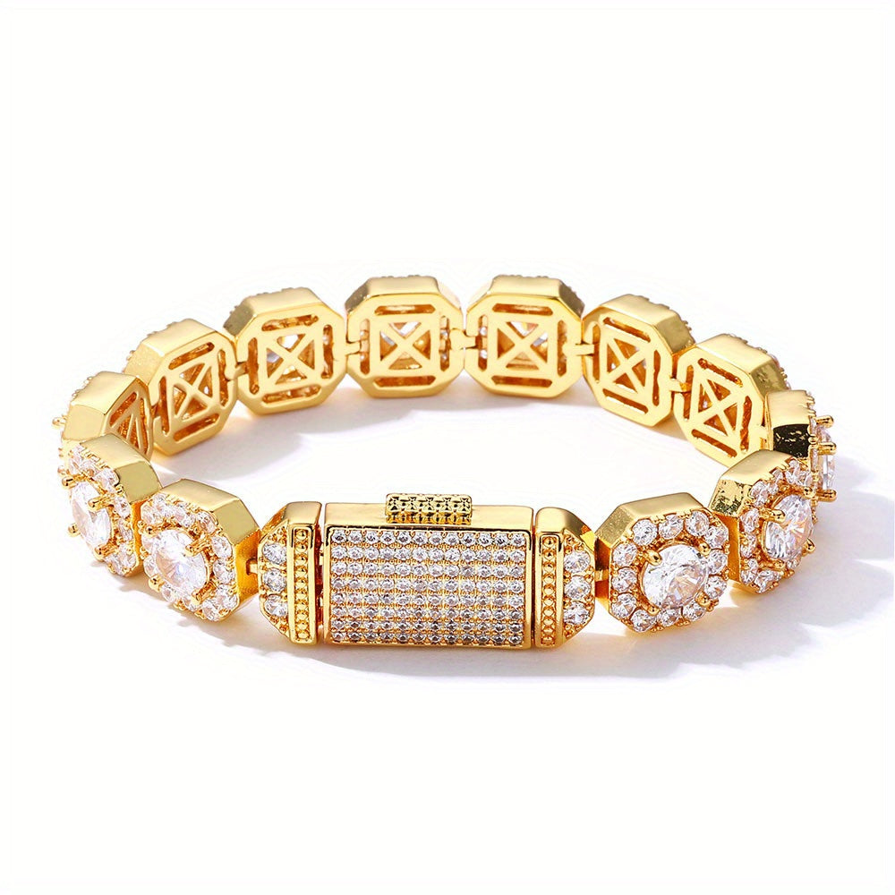 LYEE CYEE Men'S Hip Hop Style Sugar Cube Bracelet - Elegant Copper Band with Sparkling Synthetic Cubic Synthetic Zircon, Versatile Fashion Accessory for Casual or Party Wear, Hip Hop Bracelet